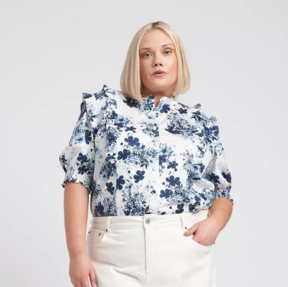 Universal Standard x Erdem Kalina Short  Sleeve Ruffle Shirt